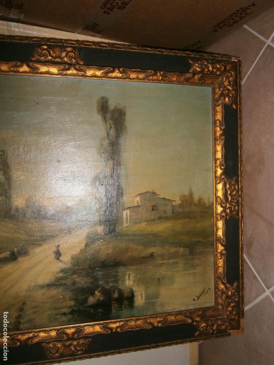 Arte: ANTIGUO LIENZO 1923 CON MARCO DE EPOCA - Foto 3