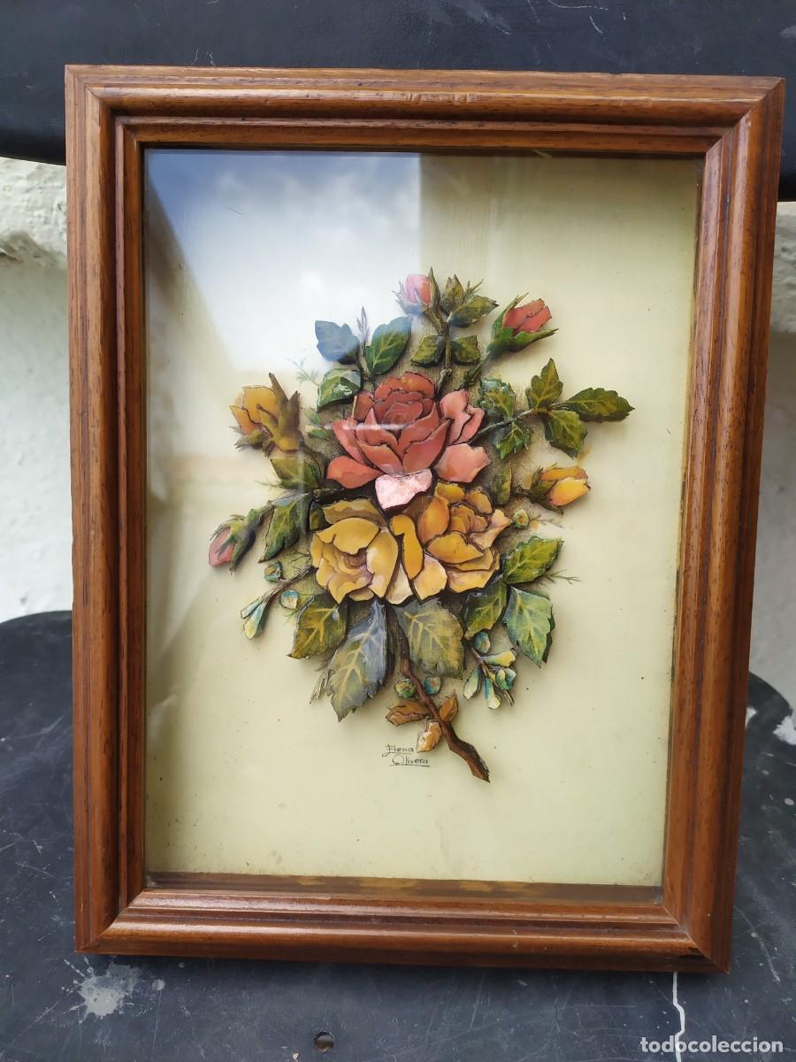 Arte: CUADRO FLORAL DE MADERA DE ELENA OLIVERA. - Foto 1