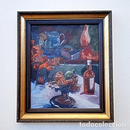 Arte: Cuadro bodeg&oacute;n de jarrones, y botella de vino
