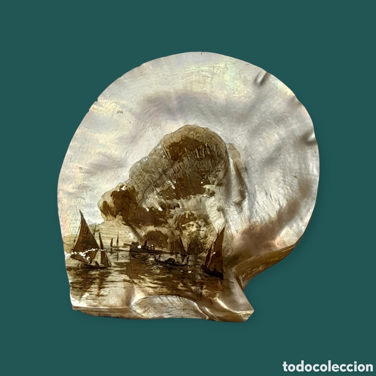 Arte: Antiguo &oacute;leo sobre concha de n&aacute;car. - Foto 1