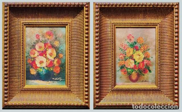 Arte: PAREJA DE OLEOS SOBRE TABLA ENMARCADOS MOTIVO BODEGON DE FLORES - CUADRO-973