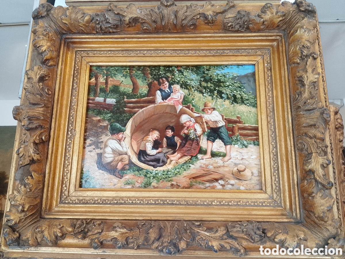 Arte: &Oacute;leo sobre tabla, ni&ntilde;os jugando. - Foto 2