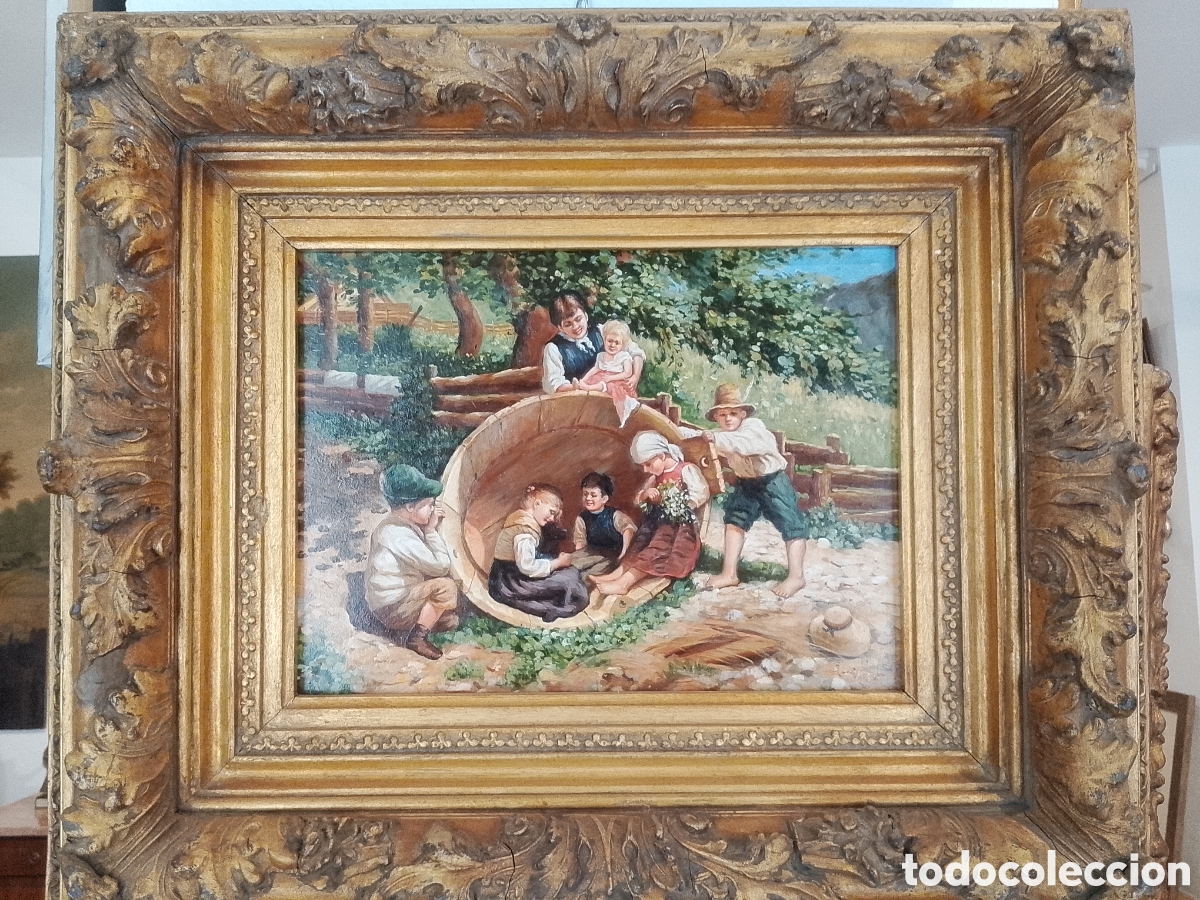 Arte: &Oacute;leo sobre tabla, ni&ntilde;os jugando. - Foto 1