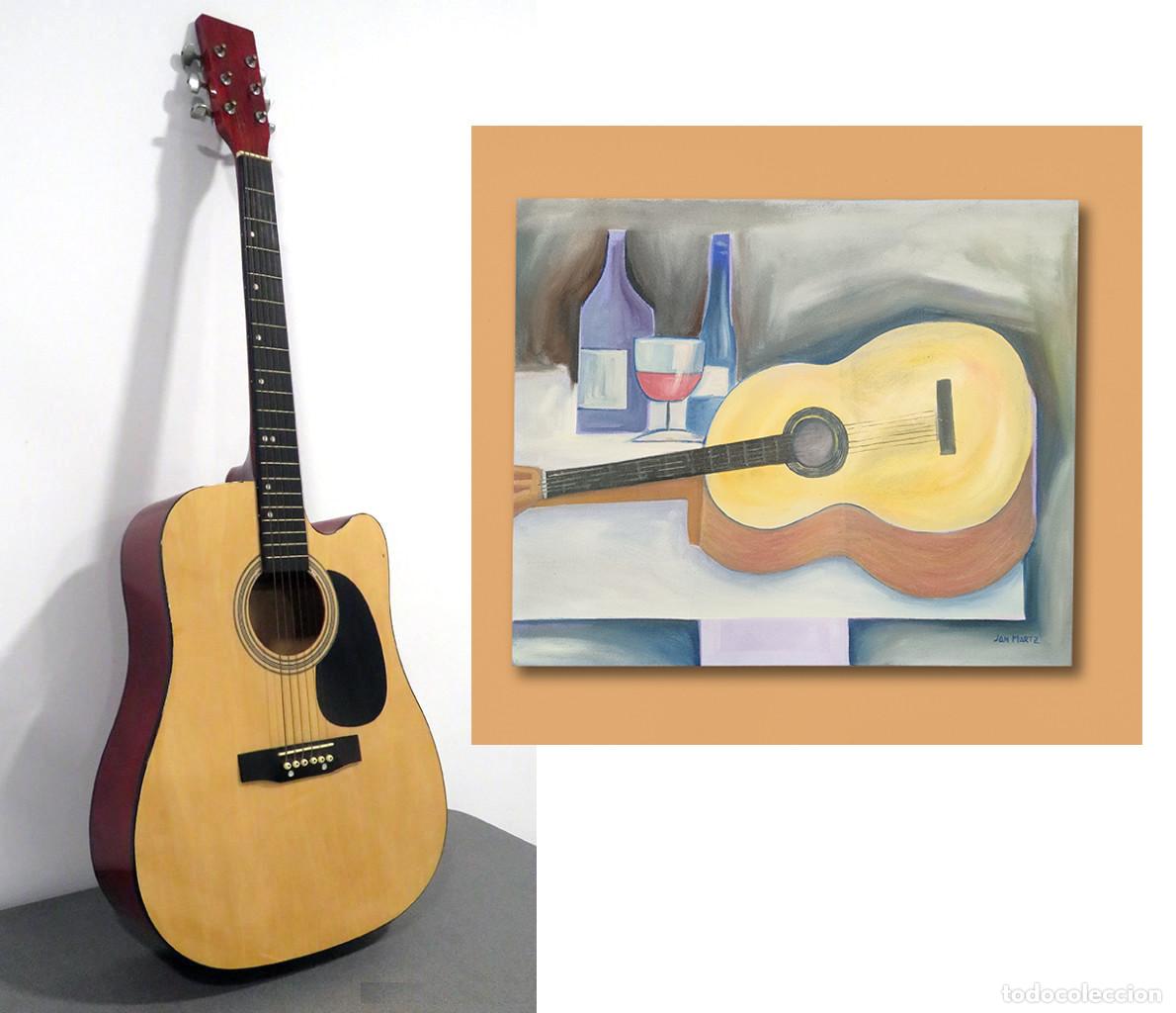 Arte: MUSICA. GUITARRA Y BOTELLAS Oleo 46 x 55 cm y Guitarra acustica 105 x 41 x 132 cm.