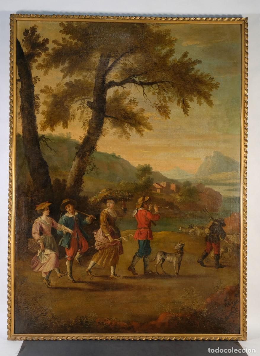 Arte: &Oacute;leo sobre lienzo Escena costumbrista Escuela europea finales siglo XVIII