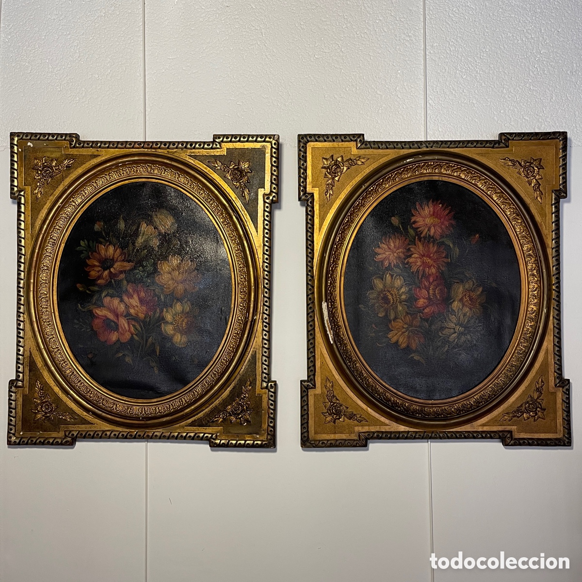 Kunst: Incre&iacute;ble pareja de bodegones con flores siglo XVIII XIX &oacute;leo sobre lienzo