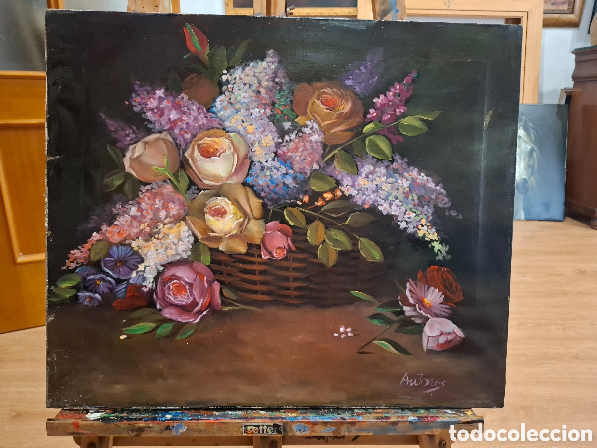 Arte: Oleo sobre lienzo bodegon de flores 55x46 - Foto 1