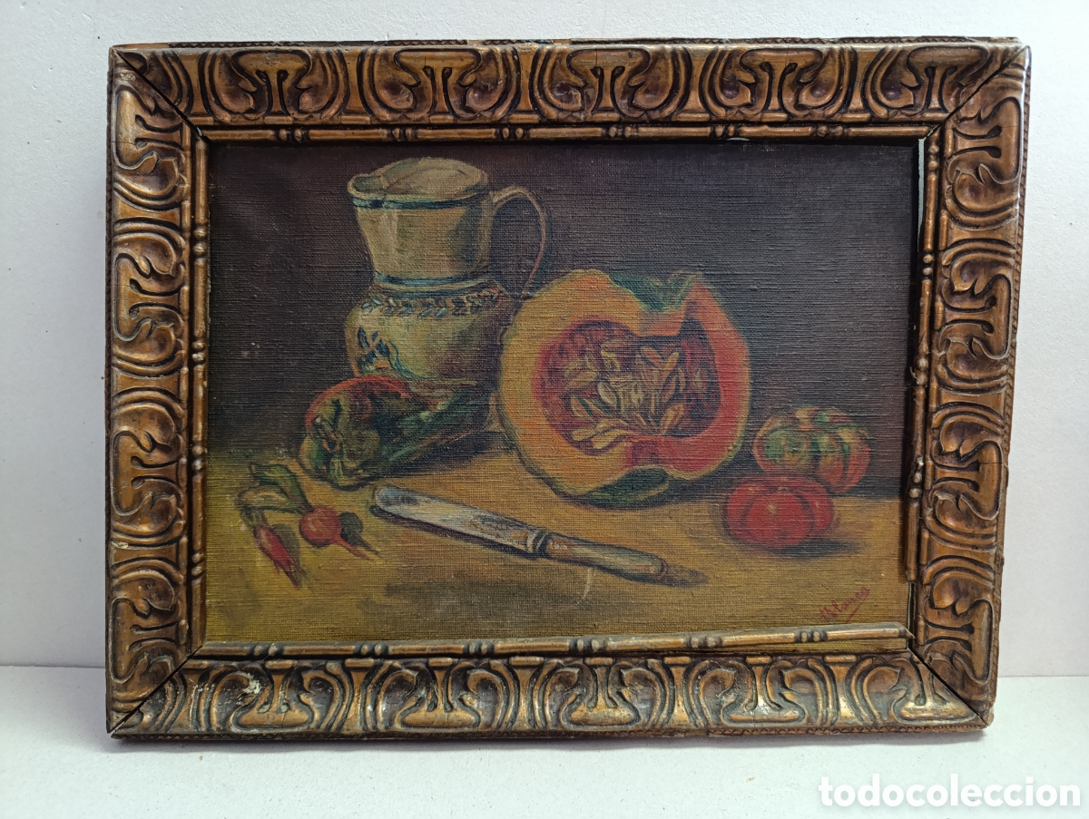 Arte: BODEGON. OLEO SOBRE LIENZO, FIRMADO. MARCO DE MADERA DORADO.