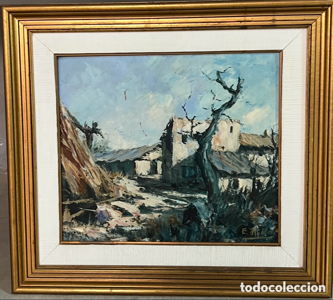 Arte: E. ROBLER. &ldquo;Caserio con &aacute;rbol&rdquo;. Oleo sobre lienzo. - Foto 1