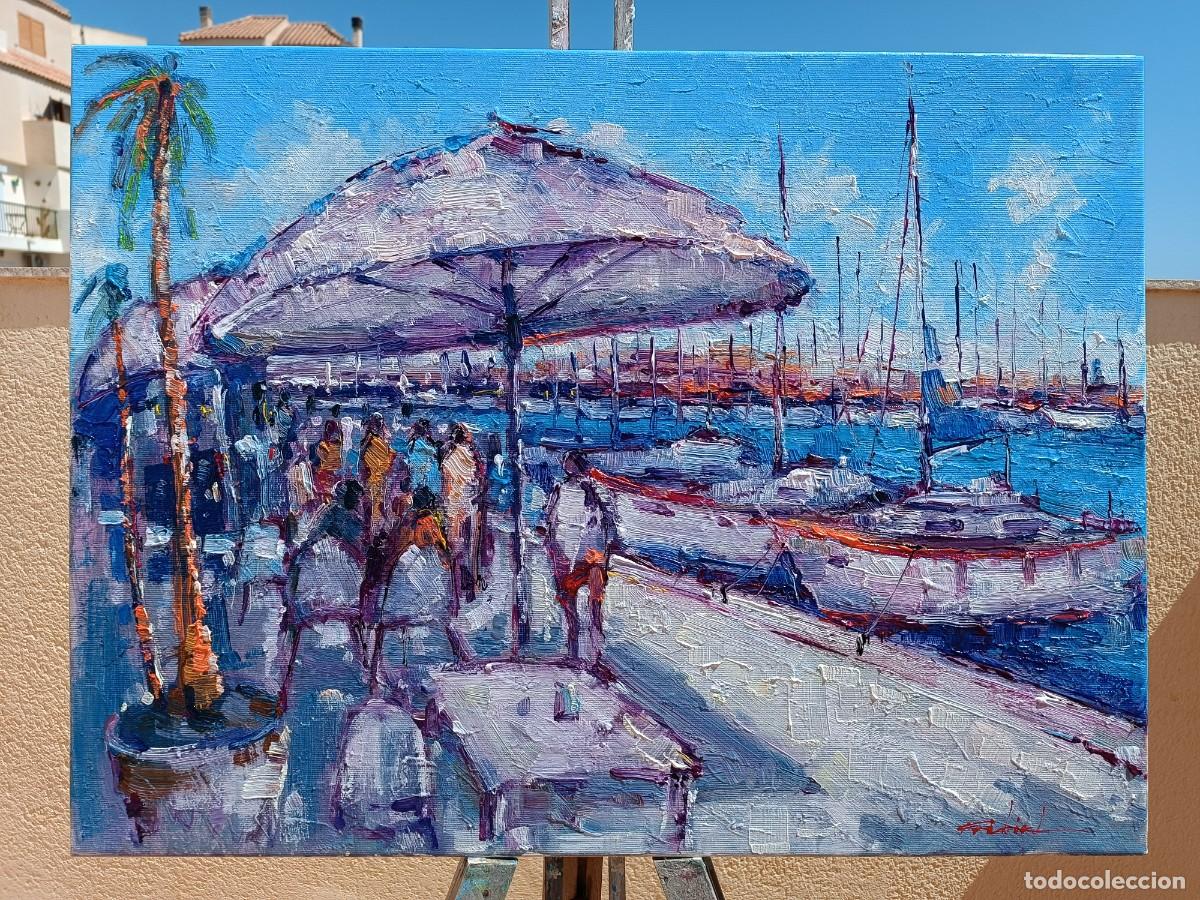 Arte: Cuadro al oleo sobre lienzo ,,Cafe en el puerto,, - Foto 1