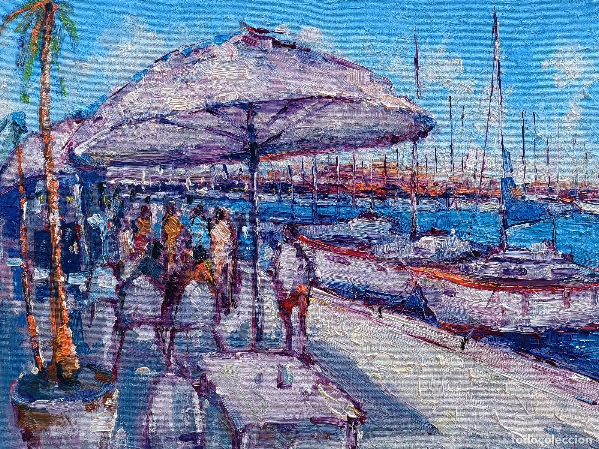 Arte: Cuadro al oleo sobre lienzo ,,Cafe en el puerto,, - Foto 2