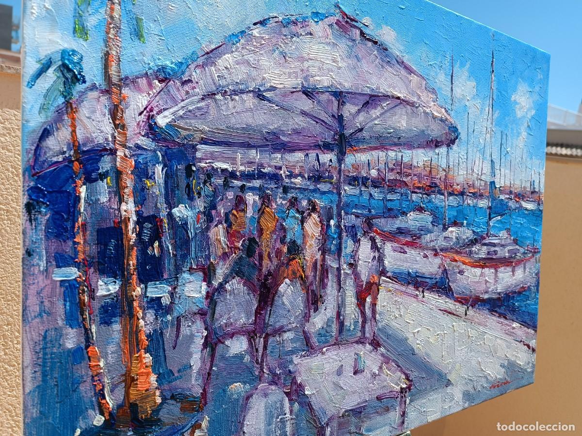 Arte: Cuadro al oleo sobre lienzo ,,Cafe en el puerto,, - Foto 3