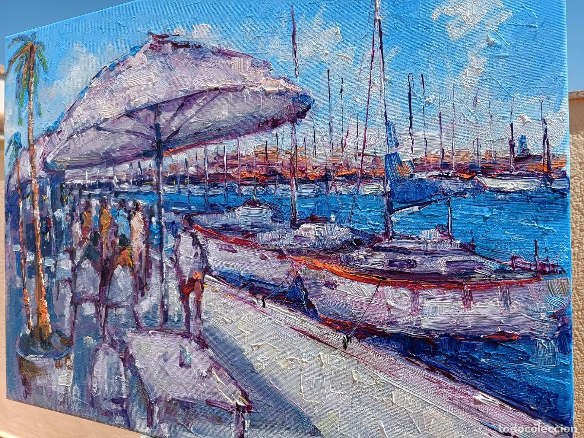 Arte: Cuadro al oleo sobre lienzo ,,Cafe en el puerto,, - Foto 4