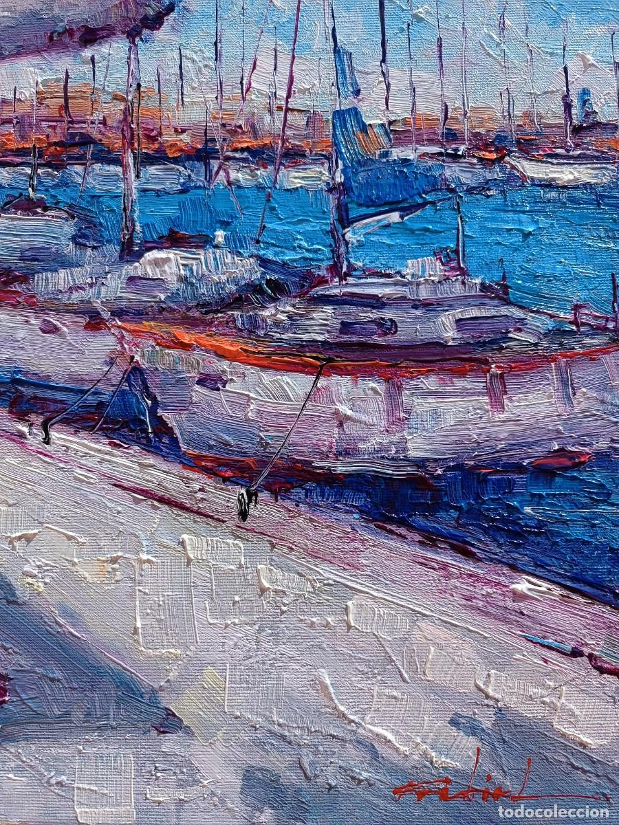 Arte: Cuadro al oleo sobre lienzo ,,Cafe en el puerto,, - Foto 5