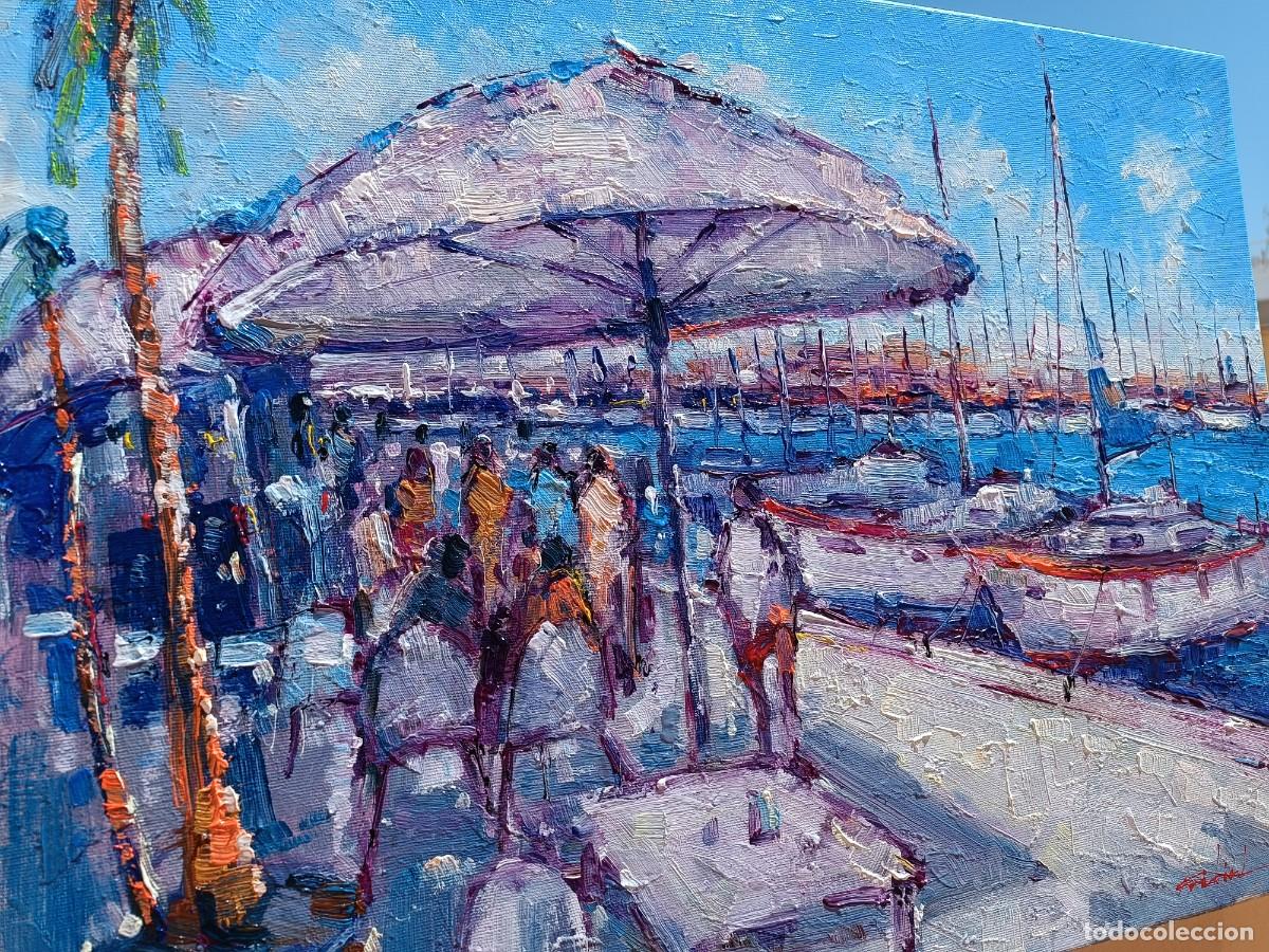 Arte: Cuadro al oleo sobre lienzo ,,Cafe en el puerto,, - Foto 6