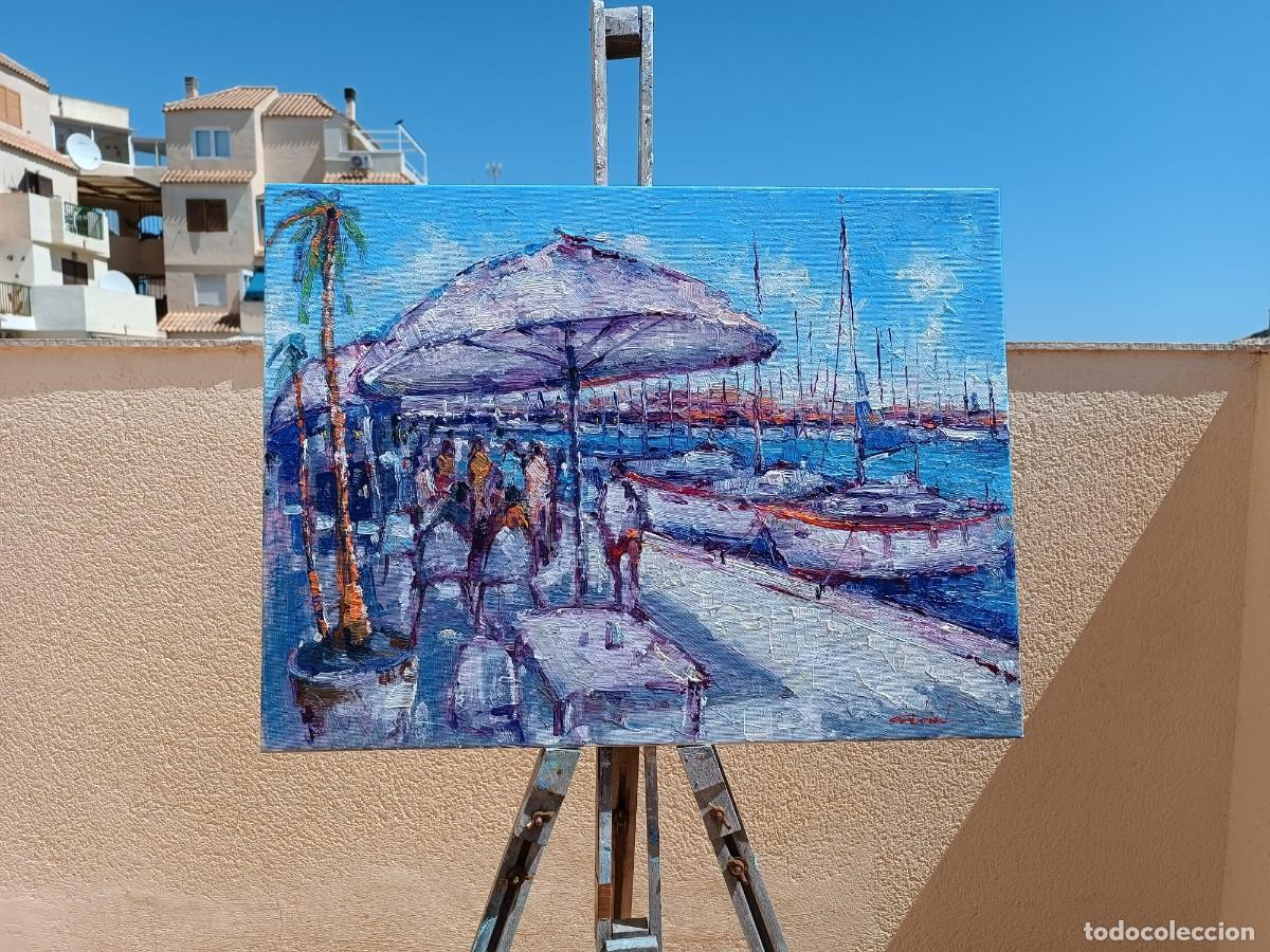 Arte: Cuadro al oleo sobre lienzo ,,Cafe en el puerto,, - Foto 7