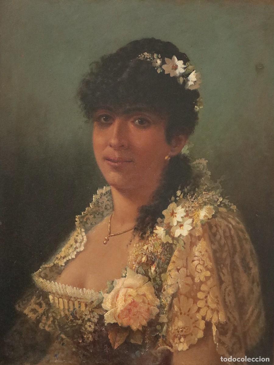Arte: Retrato de mujer con vestido de encajes. Óleo sobre táblex. Hacia 1900. Mide 70 x 50 cm.