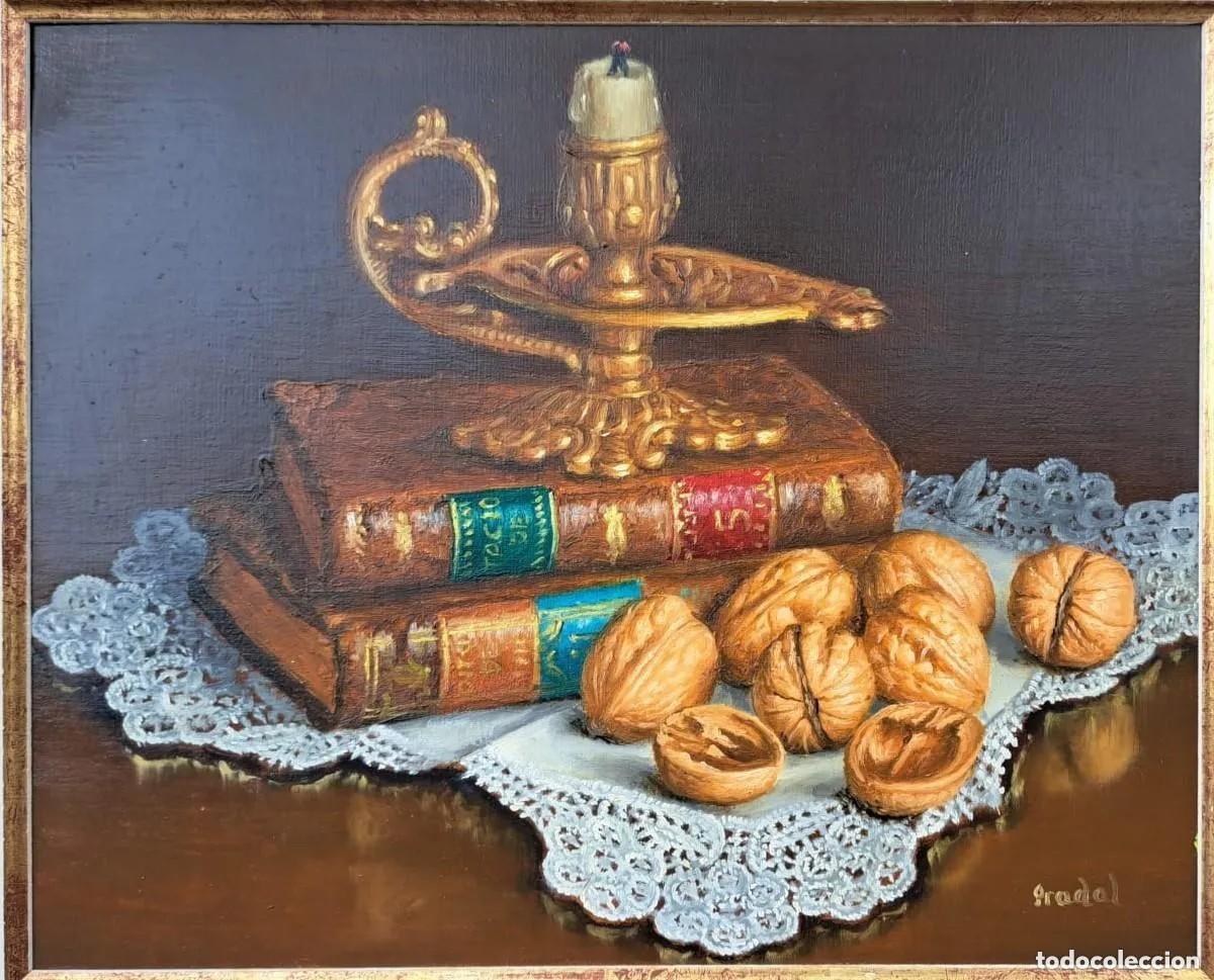 Arte: Bodeg&oacute;n candil, libros, nueces, tapete. PRADAL - Foto 2