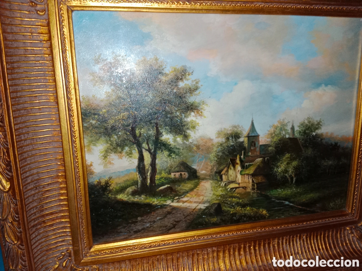 Arte: Cuadro oleo sobre Tabla. paisaje Pueblo.59x49cm.