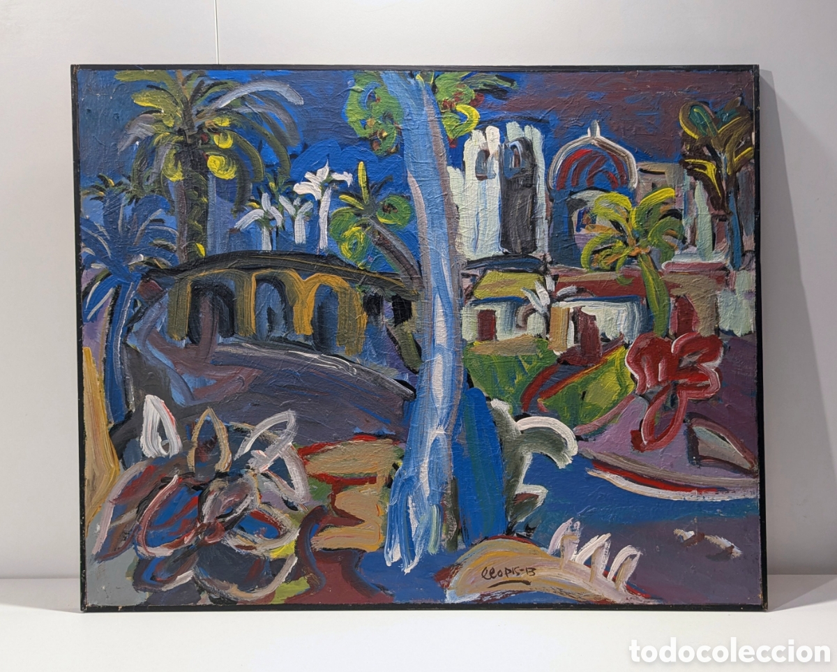 Arte: Llopis Beltr&aacute; &oacute;leo firmado paisaje Elche expresionista