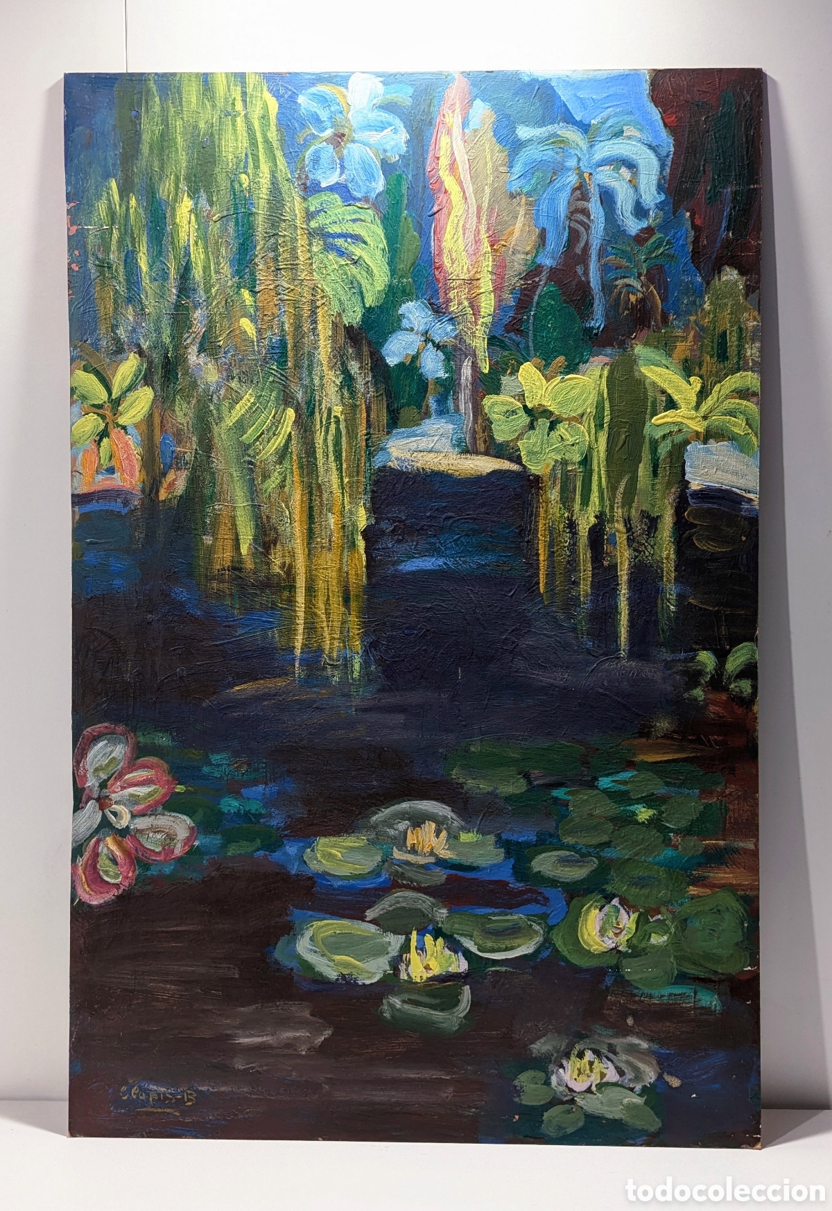Arte: Llopis Beltr&aacute; &oacute;leo firmado paisaje con nen&uacute;fares gran formato