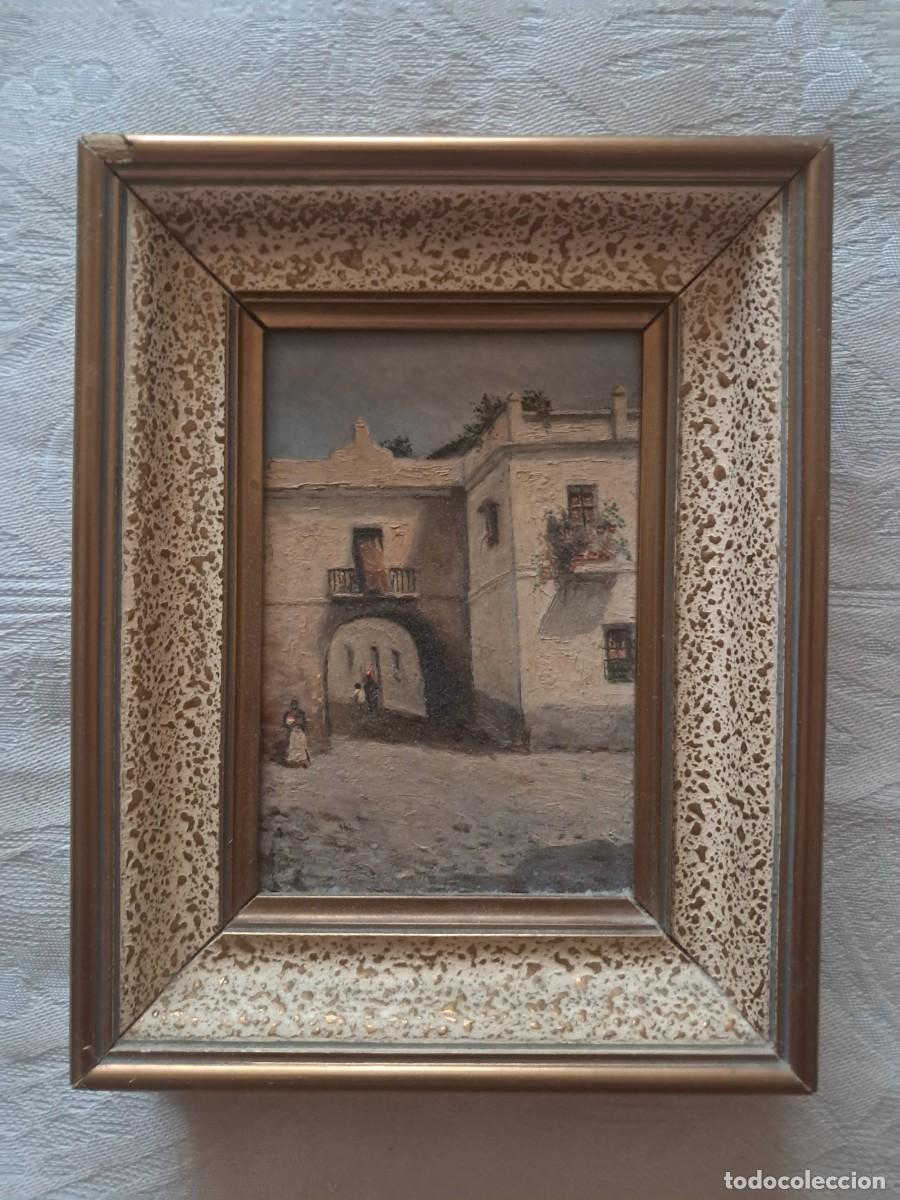 Arte: Cuadro antiguo &oacute;leo calle con arco - Foto 1