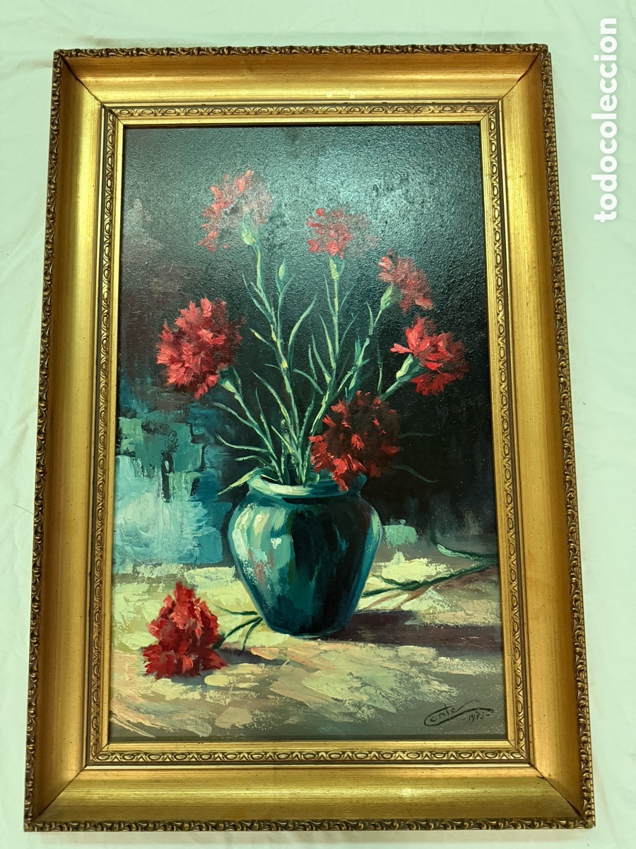 Arte: Bodeg&oacute;n con claveles rojos en jarr&oacute;n verde &ndash; Firmado &ldquo;Conte, 1973&rdquo;