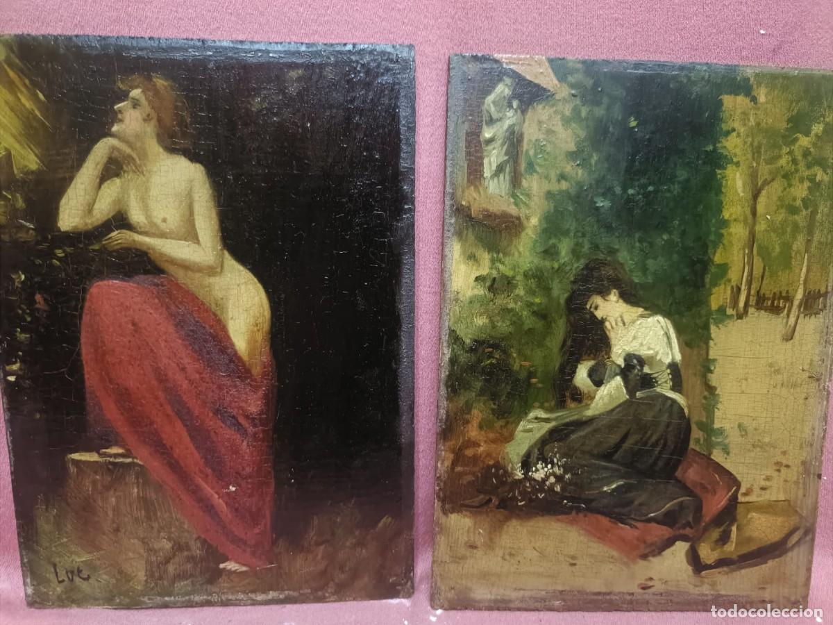 Arte: Pareja de señoras pintada en tabla siglo XIX
