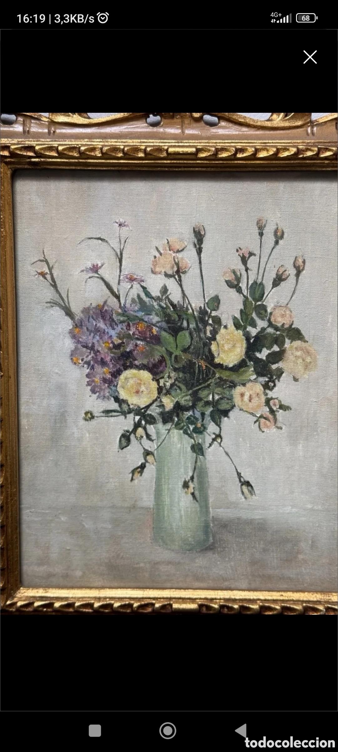 Arte: Encantador &Oacute;leo Italiano (Mil&aacute;n) - Bodeg&oacute;n Floral con Rosas y Hortensias - Marco Dorado Cl&aacute;sico