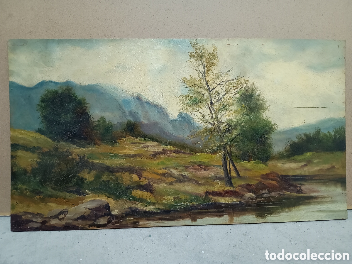 Arte: TABLA PINTADA POR CARAL - PAISAJE SIERRA DE GREDOS - 38x21cm - PEQUE&Ntilde;A FISURA EN LA TABLA