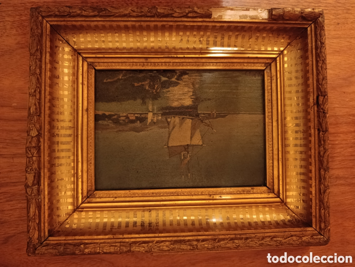 Art: Oleo Barco con bonito marco, pero roto en la parte de abajo 33x27