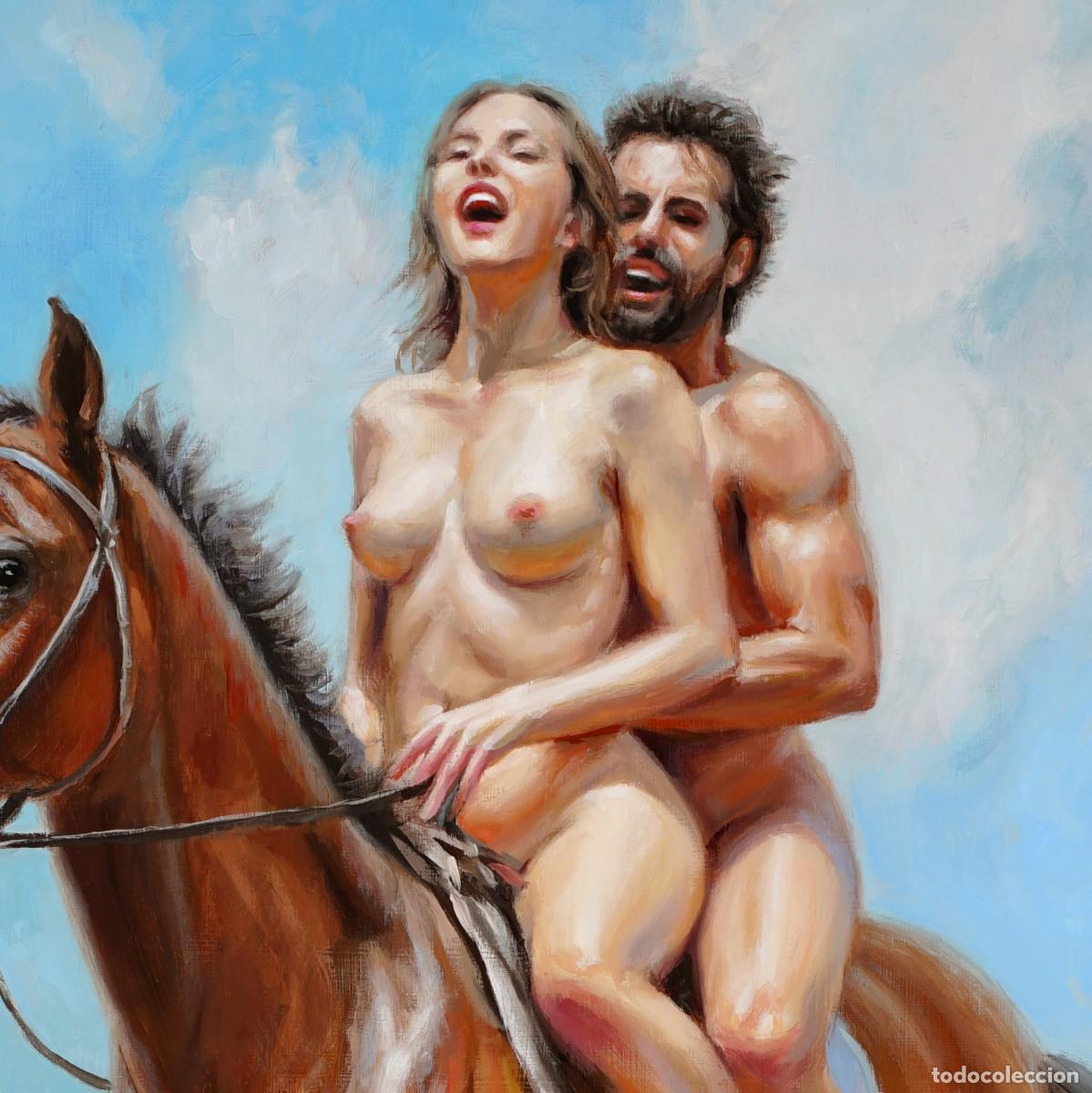 Arte: DOUBLE RIDING. A. CAYUELA. DESNUDO EROTICO ORIGINAL AL OLEO 65 X 46 CM