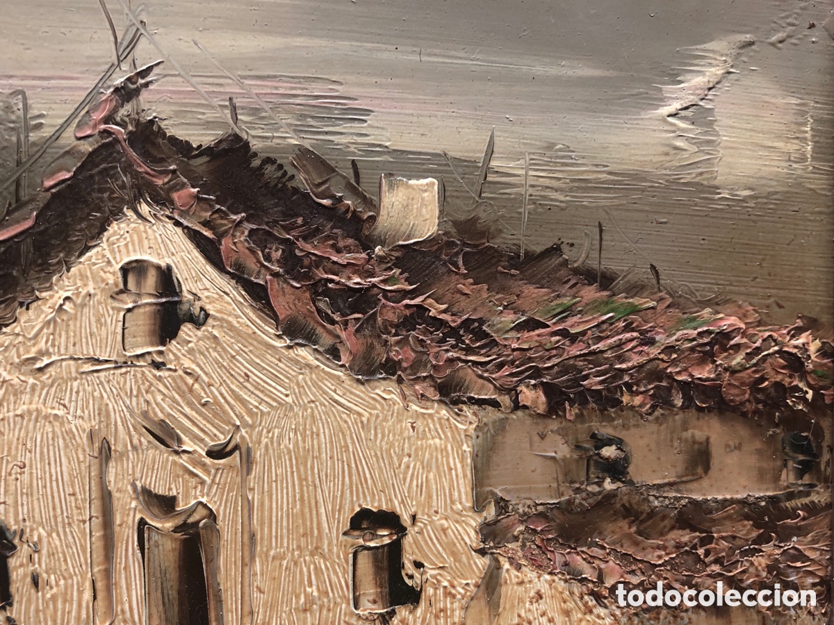 Arte: Antiguo oleo paisaje rural casas pueblos de Espa&ntilde;a &bull; firmado - gran marco
