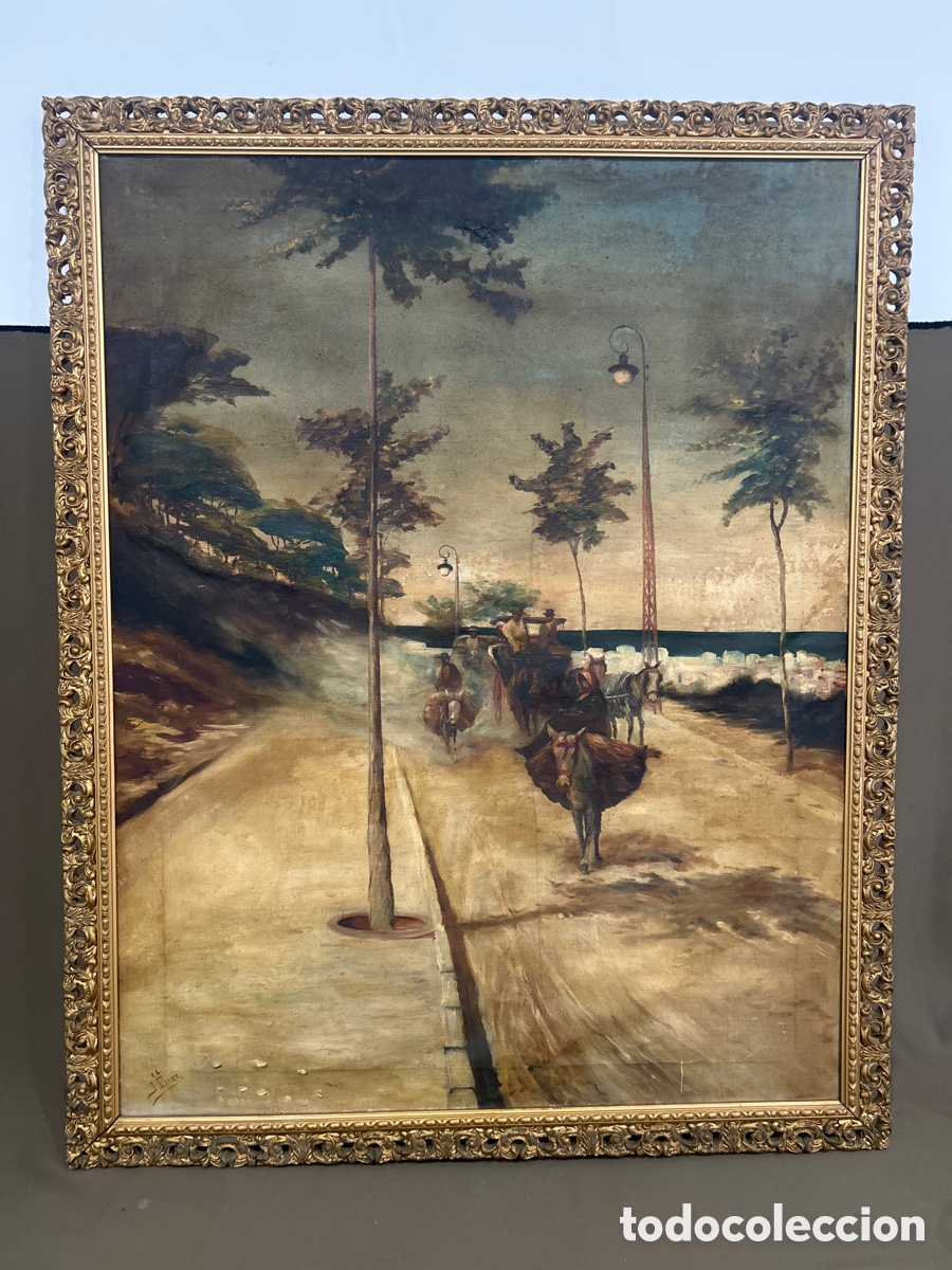 Kunst: &Oacute;LEO SOBRE LIENZO ESCENA DE PASEO MAR&Iacute;TIMO CON VIANDANTES Y CARRUAJES