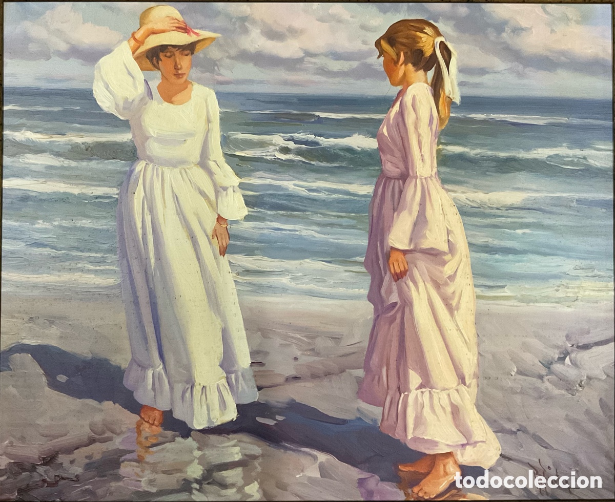 Arte: Rafael Fuster Insa .escena playa valenciana, obra 61 x 50 cm. Marco 83 x 72 cm.