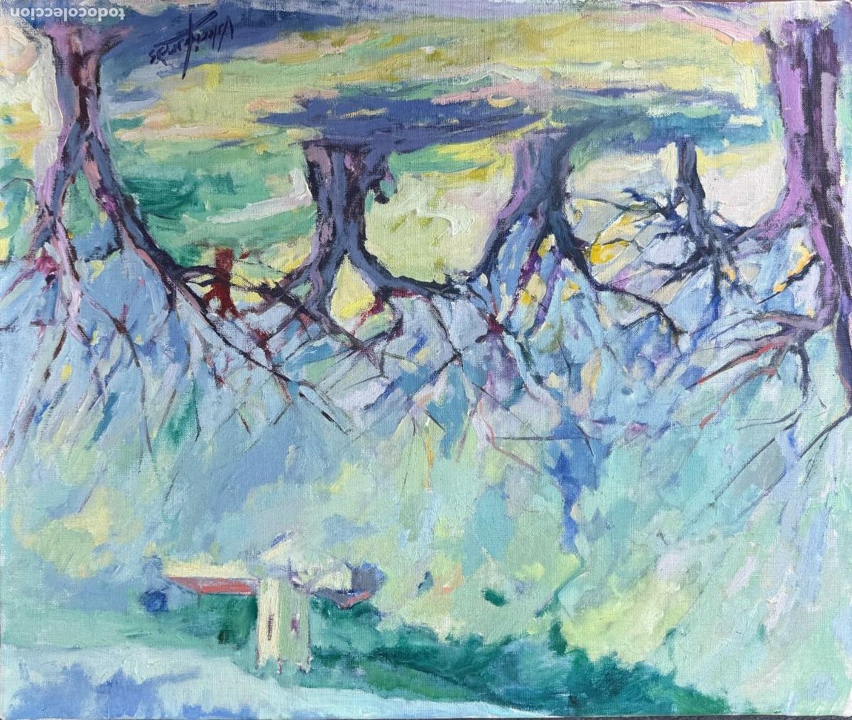 Kunst: Valeri Farr&agrave;s (L&rsquo;Estany, Catalu&ntilde;a, 1950) - Paisaje mediterr&aacute;neo con olivos y torre - &Oacute;leo