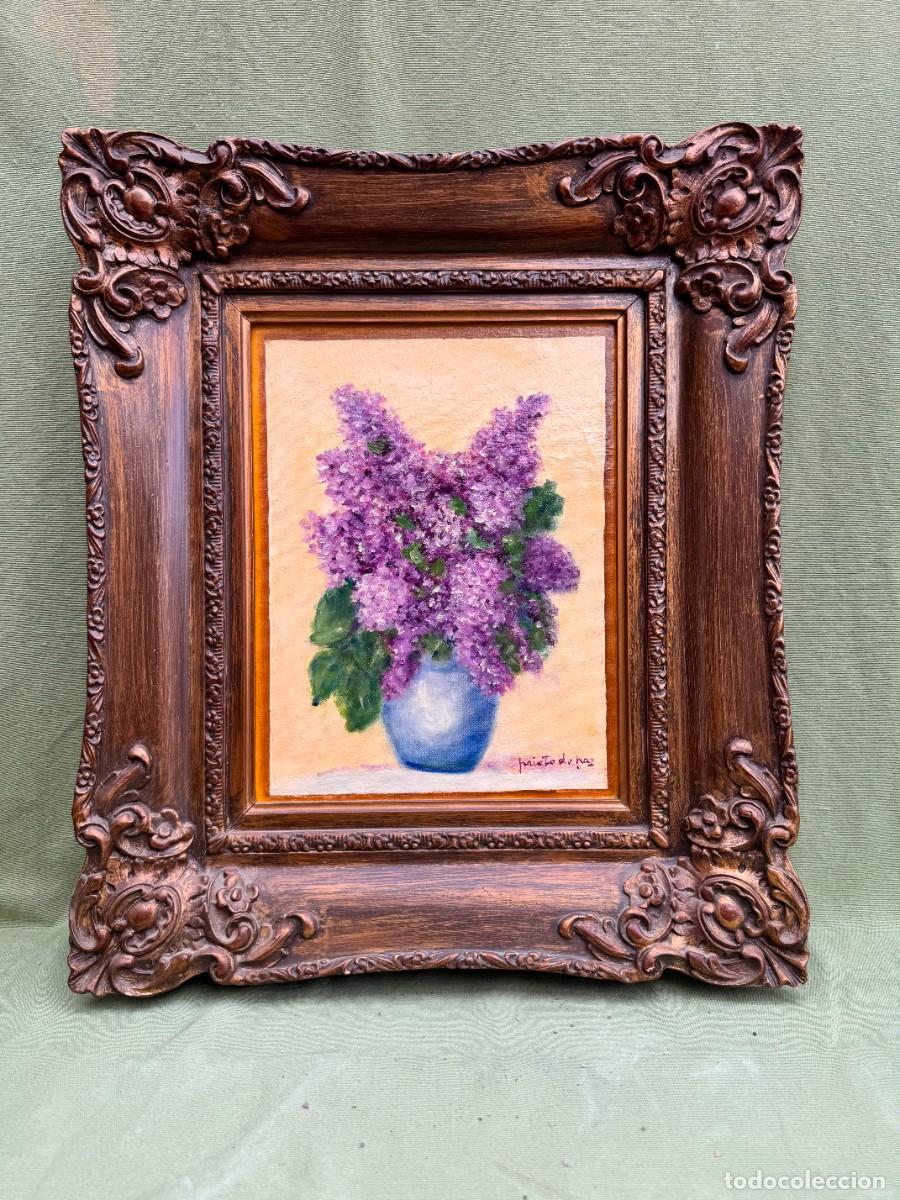Arte: Bodeg&oacute;n &oacute;leo jarr&oacute;n con lilas. Marco del S. XIX - Foto 1