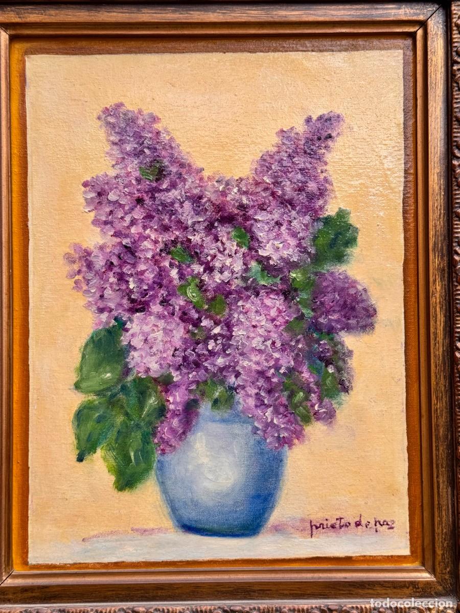 Arte: Bodeg&oacute;n &oacute;leo jarr&oacute;n con lilas. Marco del S. XIX - Foto 2