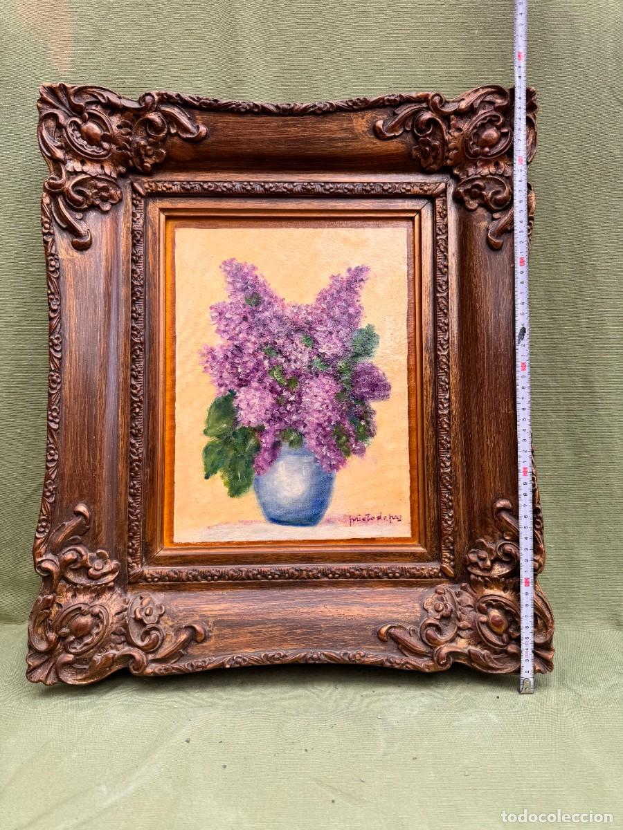 Arte: Bodeg&oacute;n &oacute;leo jarr&oacute;n con lilas. Marco del S. XIX - Foto 4