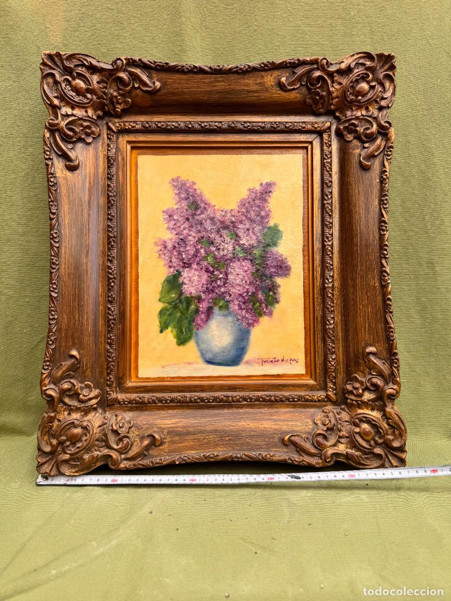 Arte: Bodeg&oacute;n &oacute;leo jarr&oacute;n con lilas. Marco del S. XIX - Foto 5