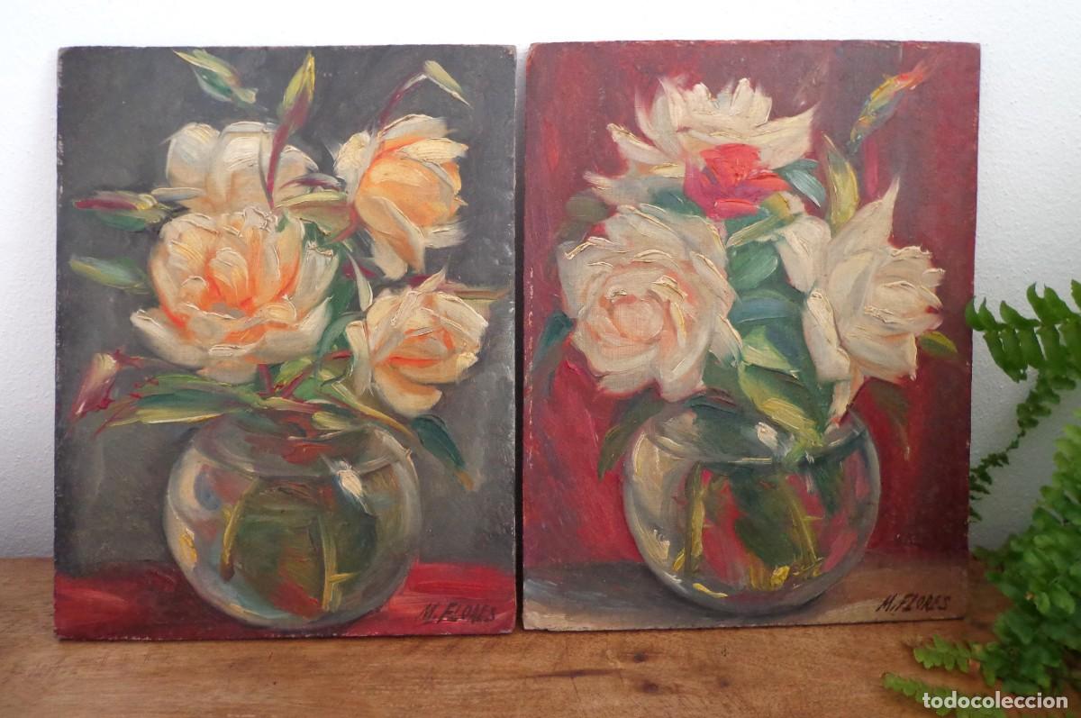 Arte: PAREJA OLEO SOBRE TABLA. FLORES. PINTOR SEVILLANO MANUEL FLORES PEREZ. 20,5 x 26,5 CM.