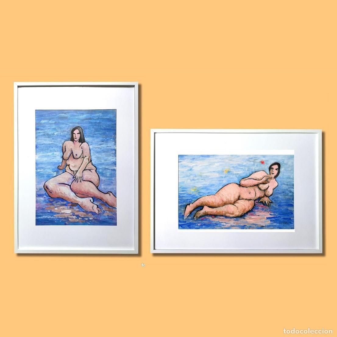 Arte: MUJER EN LA ORILLA DE LA PLAYA I y II. Desnudo BBW 50 x 70 cm. 2 obras originales firmadas 7AN MARTZ