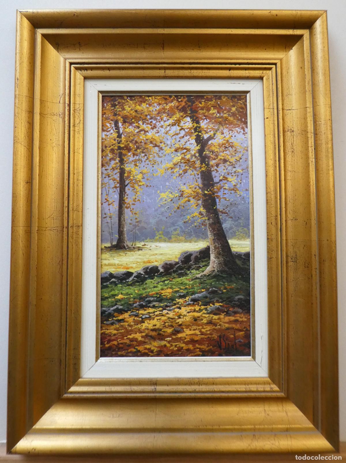 Arte: Bonito oleo de paisaje oto&ntilde;al con marco firmado mide 33X19 cm y con marco 54X40 cm