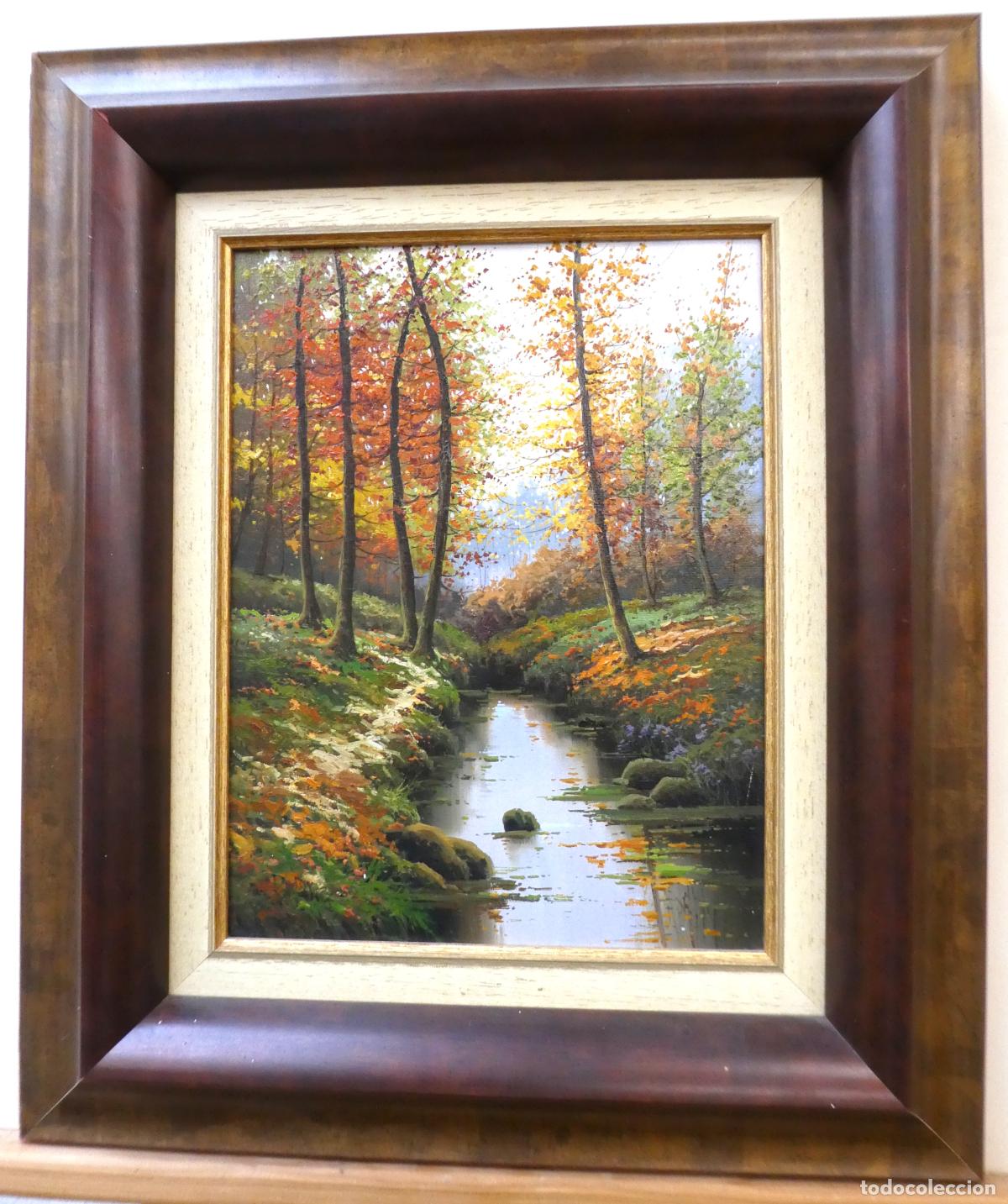 Arte: Bonito oleo de paisaje oto&ntilde;al con marco firmado R. Puig mide 35X27 cm y con marco 55X47 cm