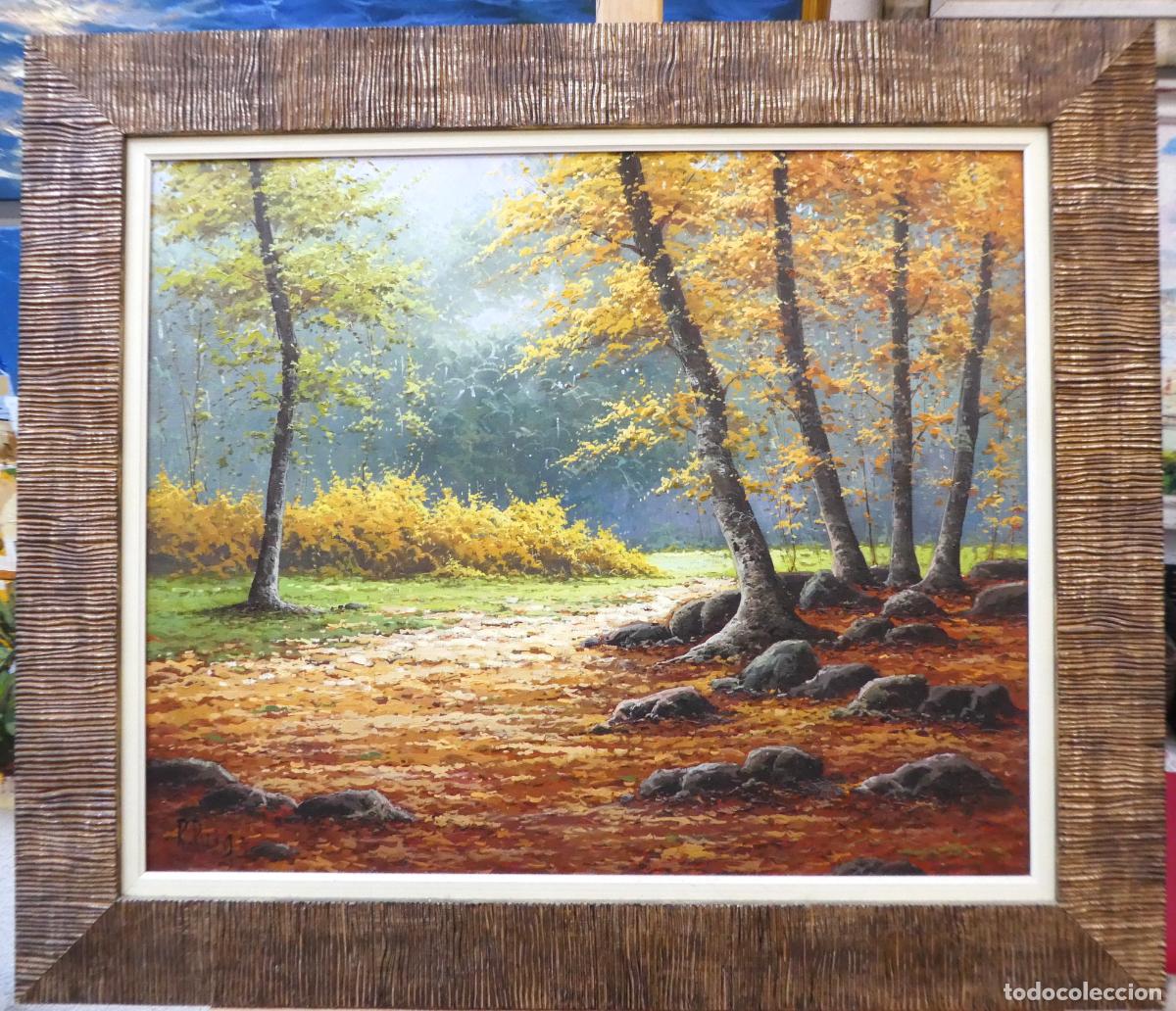 Arte: Bonito oleo de paisaje oto&ntilde;al con marco firmado R. Puig mide 61X50 cm y con marco 77X66 cm