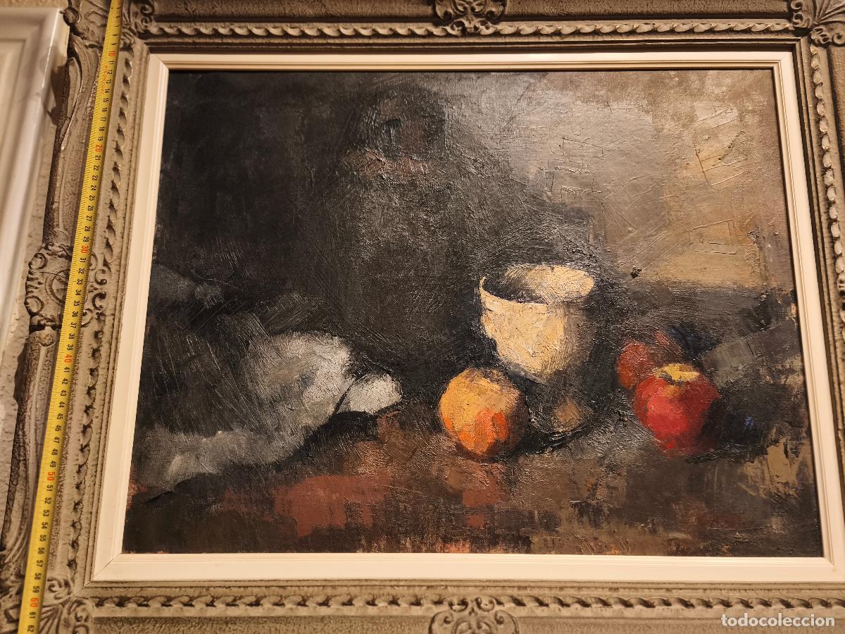 Arte: &Oacute;leo sobre lienzo &ndash; Bodeg&oacute;n con copa y frutas &ndash; Escuela espa&ntilde;ola siglo XX &ndash; 60 x 40 cm