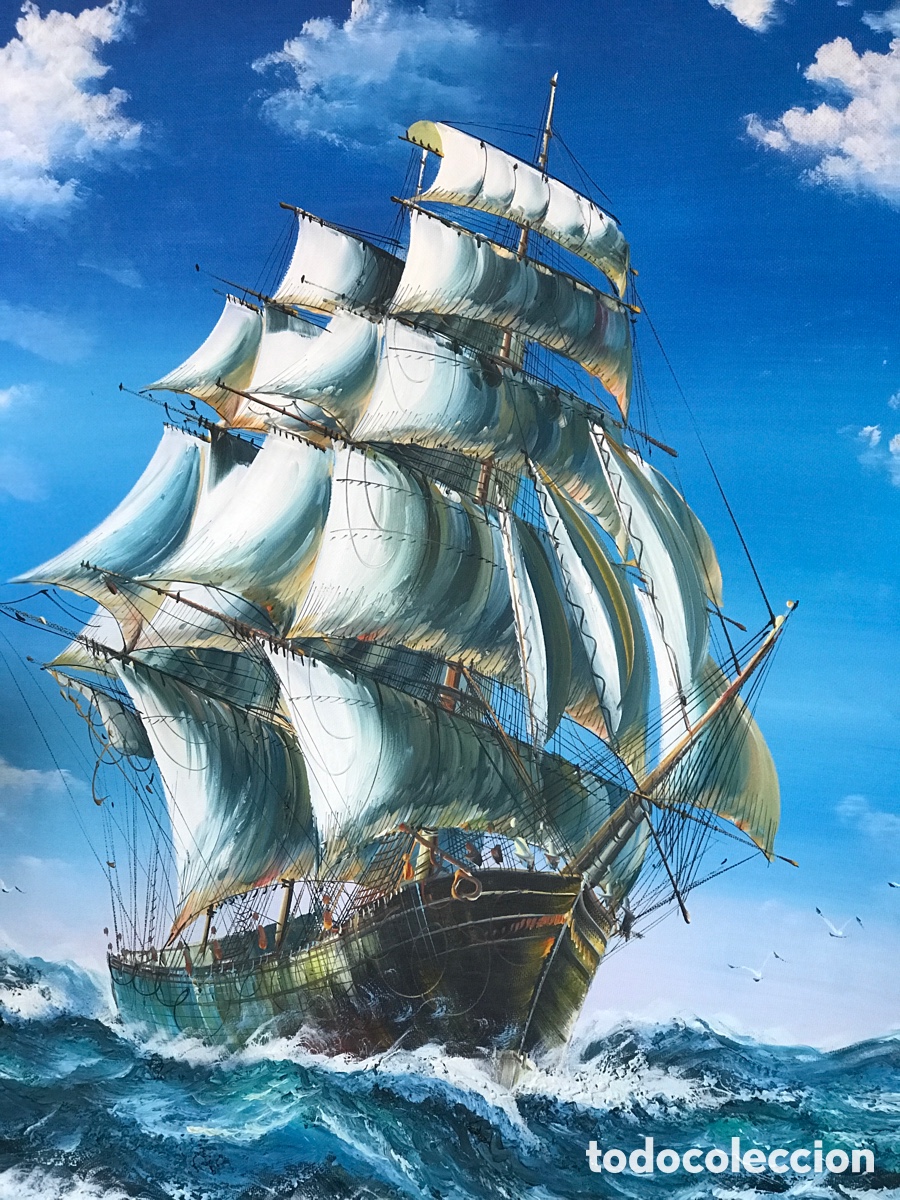 Kunst: Carabela o barco pintado al oleo sobre lienzo. Medida 63,5 x53 cm