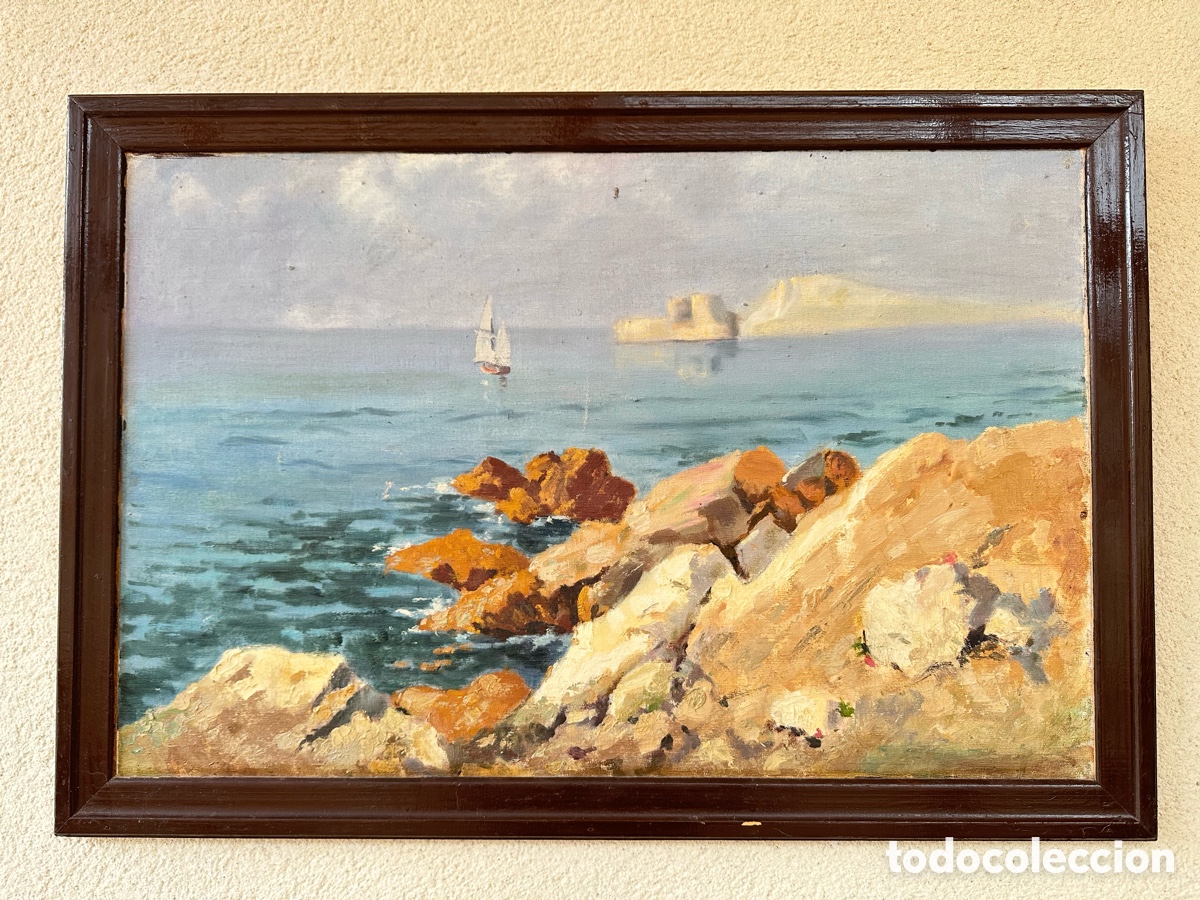 Arte: Antiguo &oacute;leo sobre table. Marina. Con marco - Foto 6