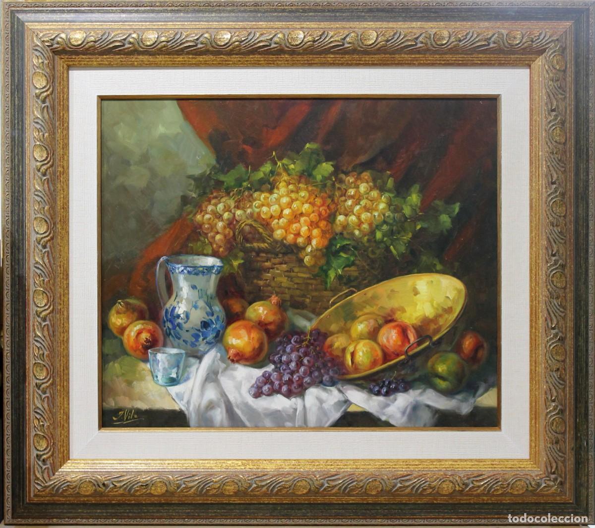 Arte: Bodeg&oacute;n de uvas y granadas - J. Vila - &Oacute;leo sobre lienzo - Foto 1