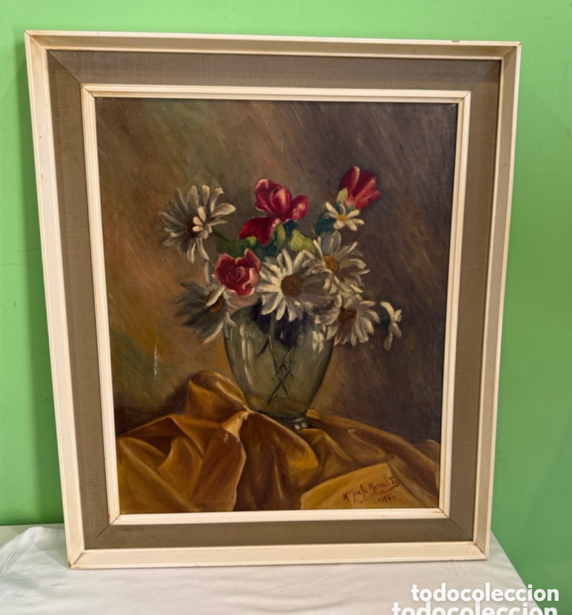 Arte: Antiguo &oacute;leo sobre lienzo Bodeg&oacute;n floral con flores firmado Mar&iacute;a Josefa morral to 1956.